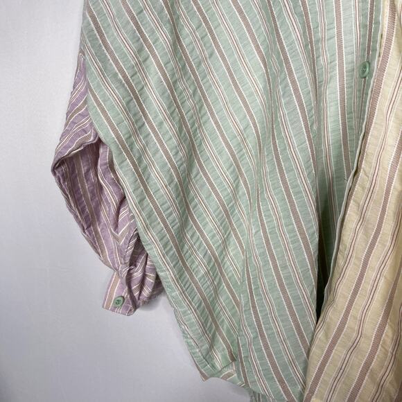 Fate Small S Yellow Green Pink Striped Button Down Shirt Patchwork V Neck V Back - Picture 5 of 10